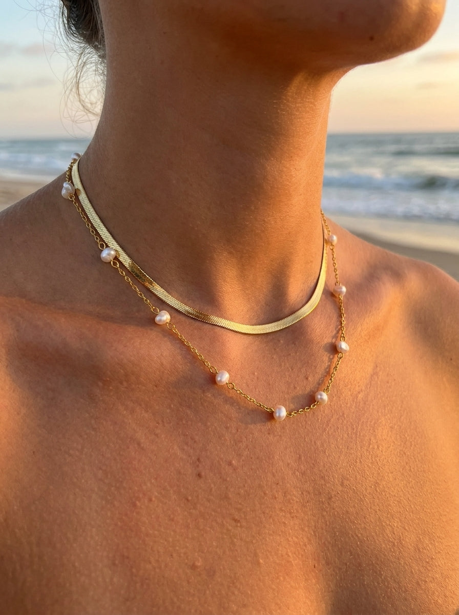 Laney Pearl Necklace styled with Chelsea Herringbone Necklace