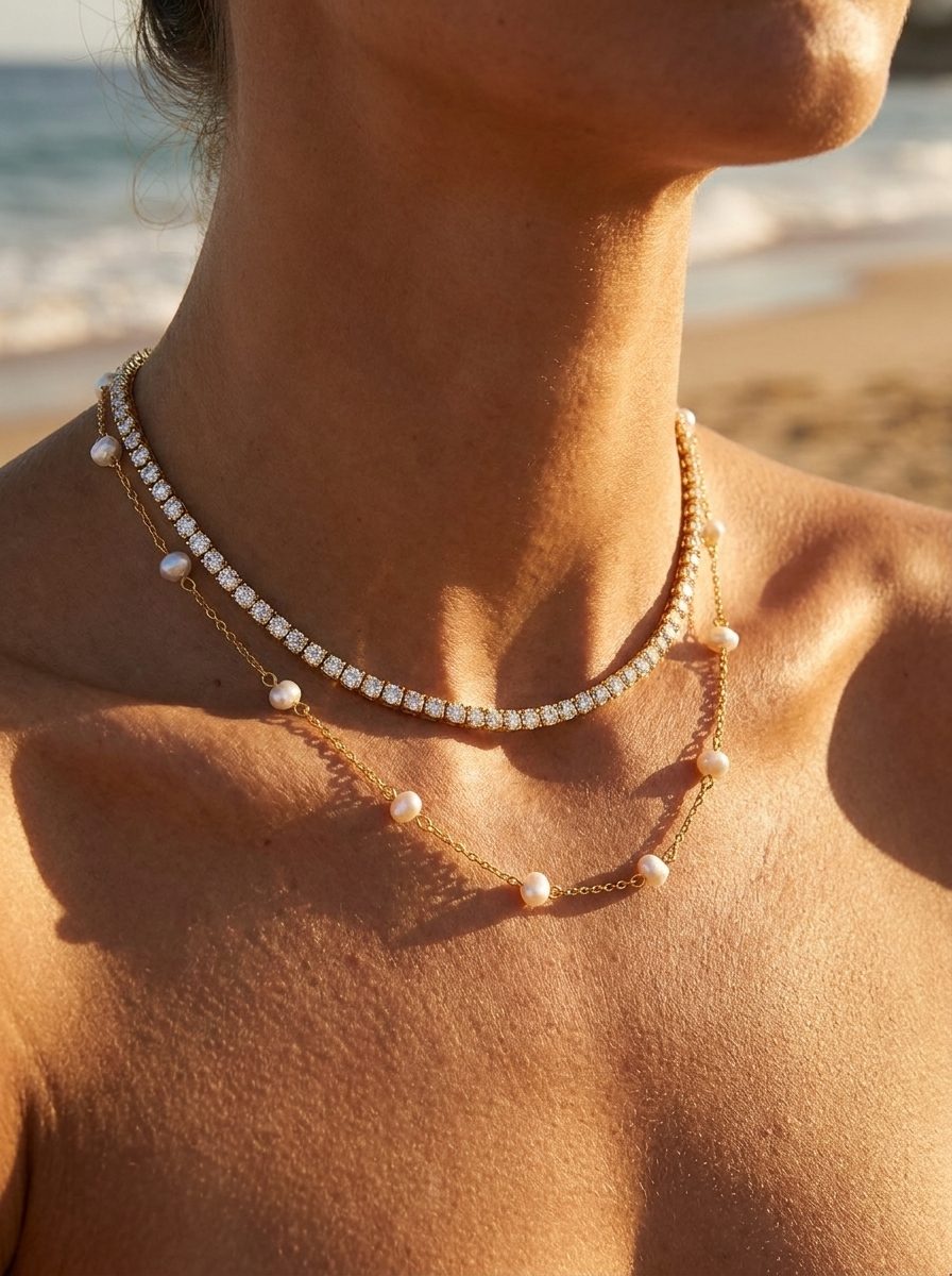 Monaco Tennis Necklace styled with Laney Pearl Necklace