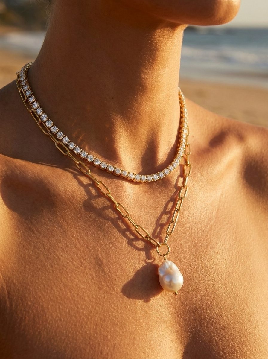 Monaco Tennis Necklace styled with Hanalei Pearl Coin Necklace