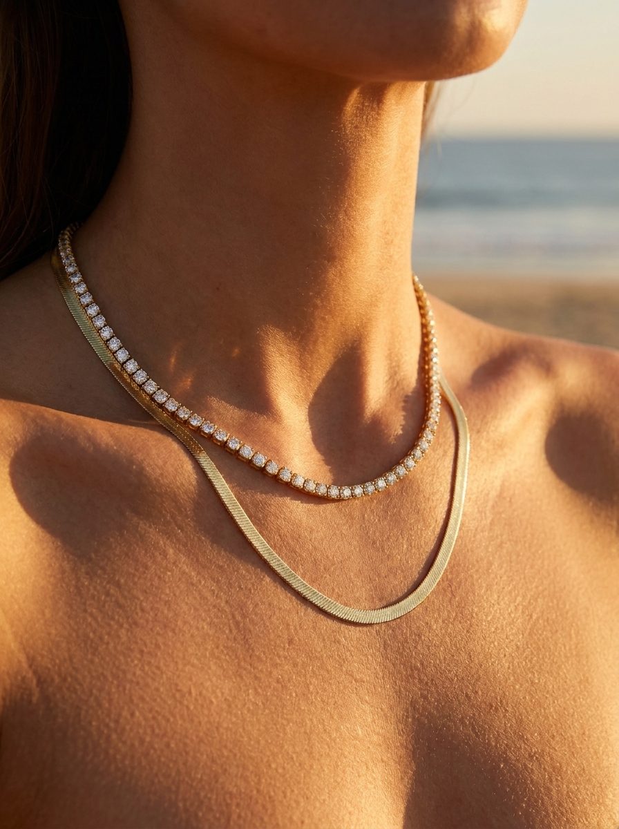 Monaco Tennis Necklace styled with Chelsea Herringbone Necklace