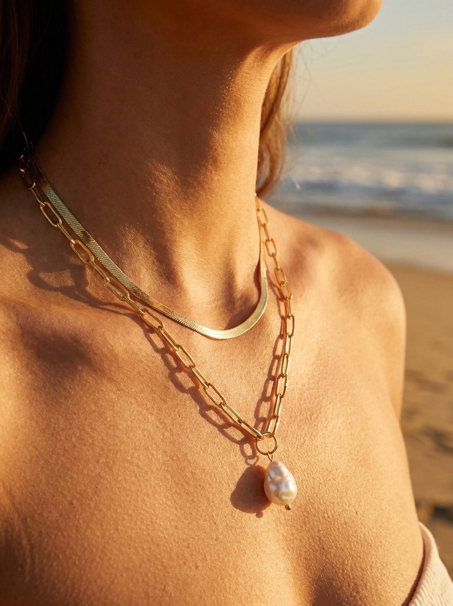 Hanalei Pearl Coin Necklace styled with Chelsea Herringbone Necklace