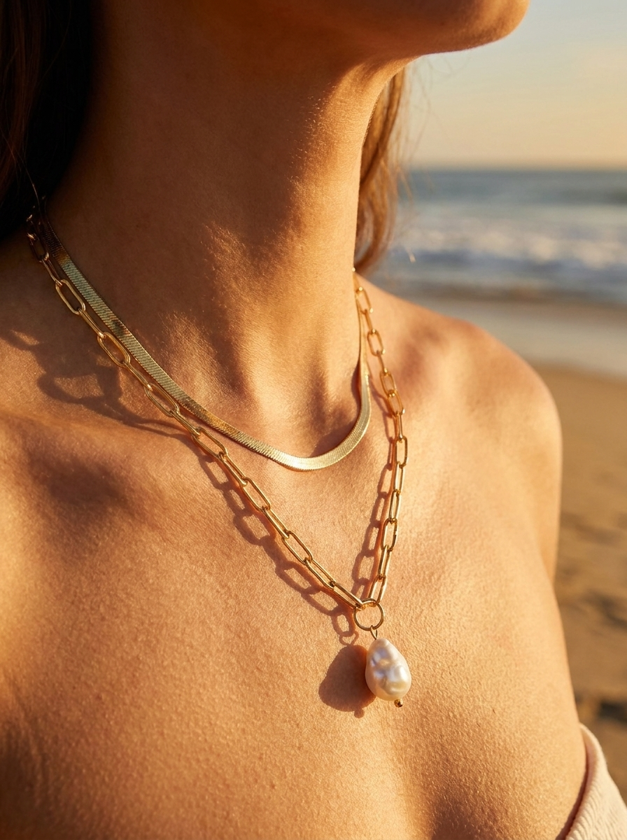 Hanalei Pearl Coin Necklace styled with Chelsea Herringbone Necklace