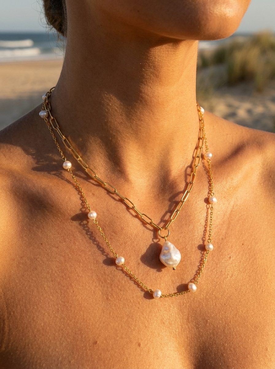Hanalei Pearl Coin Necklace styled with Laney Pearl Necklace
