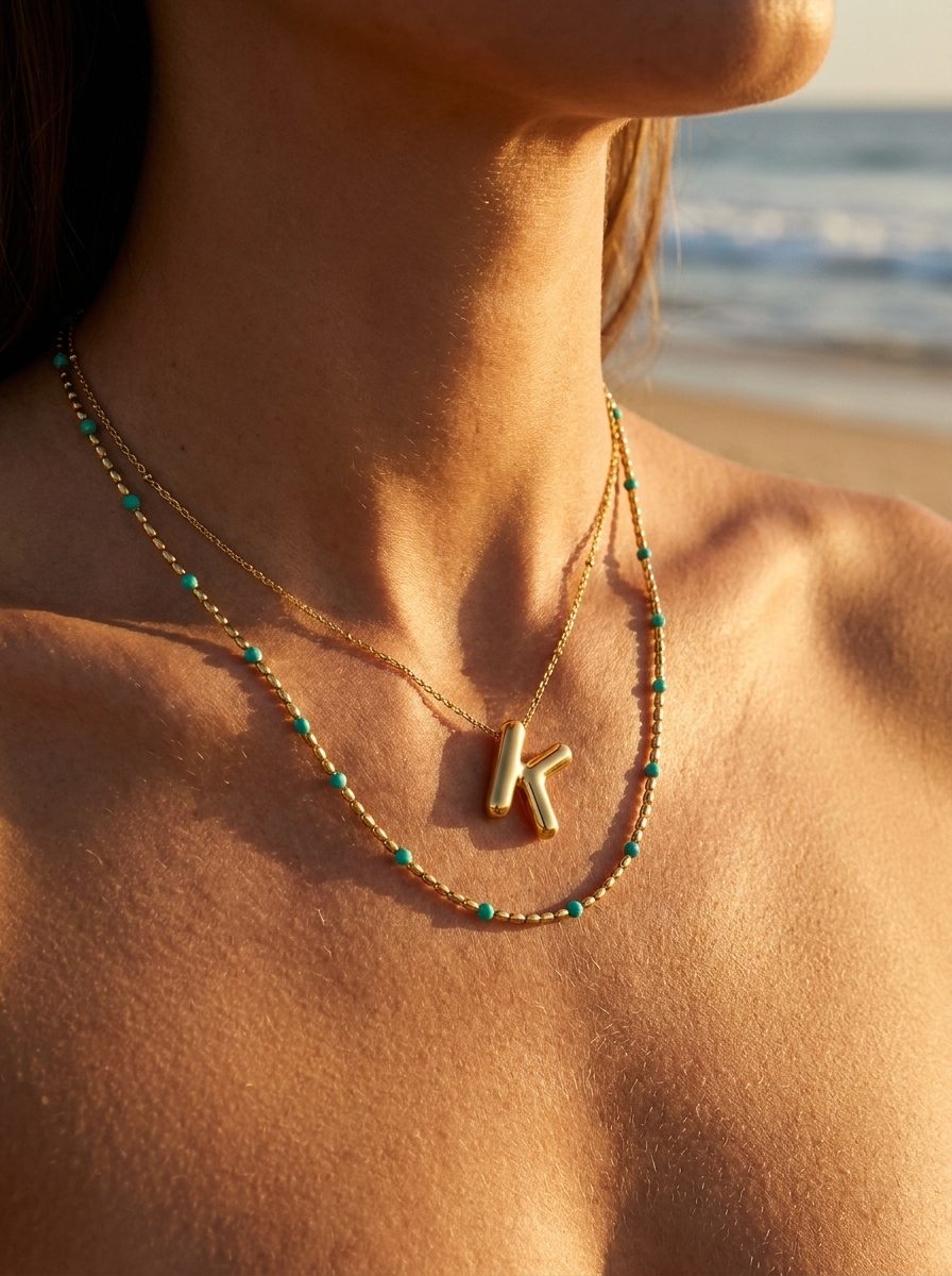 Bubble Letter Initial Necklace styled with Reef Necklace
