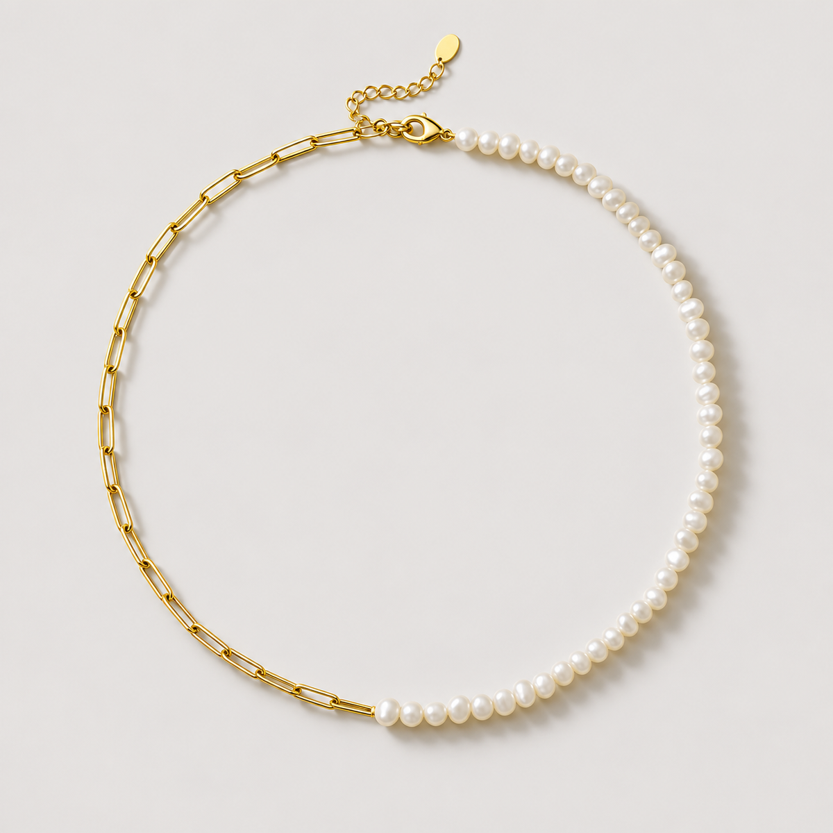 Rhoni® 14K Gold Paper Clip Pearl Necklace — studio product photograph
