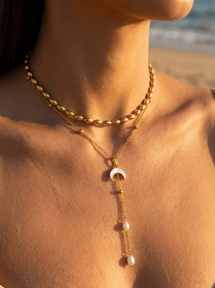 Jellyfish Lariat Necklace styled with Malaga Bead Necklace
