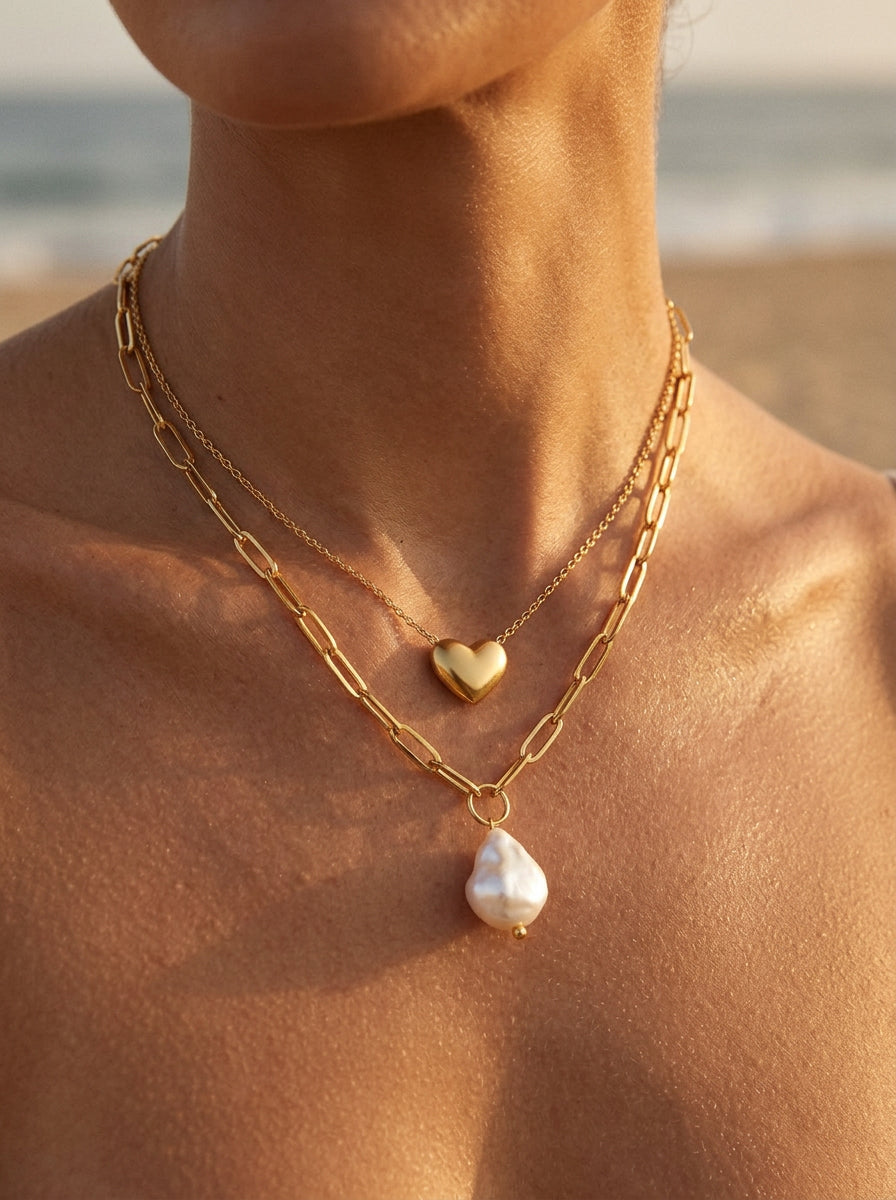 Riley® Dainty Heart Necklace styled with Hanalei Pearl Coin Necklace